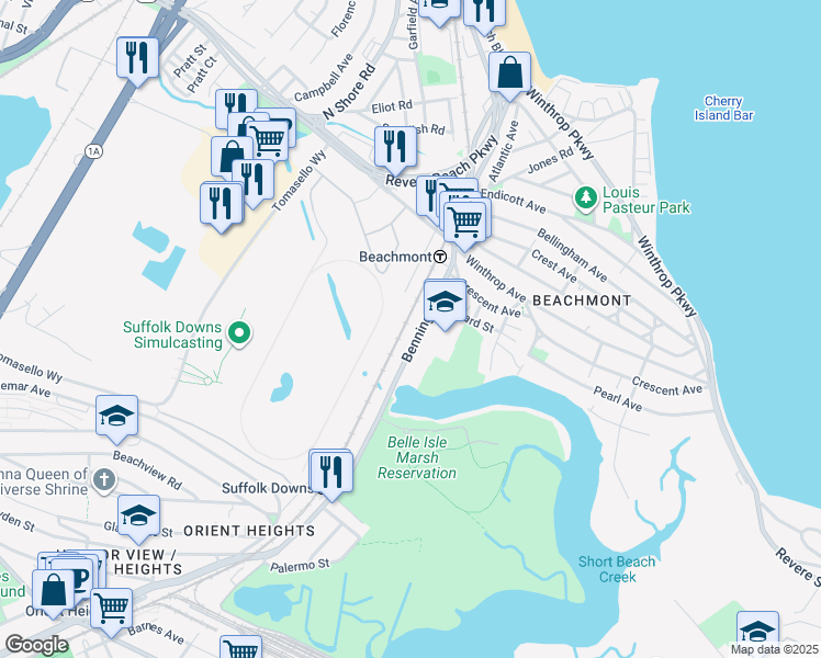 map of restaurants, bars, coffee shops, grocery stores, and more near 145 Bennington Street in Revere