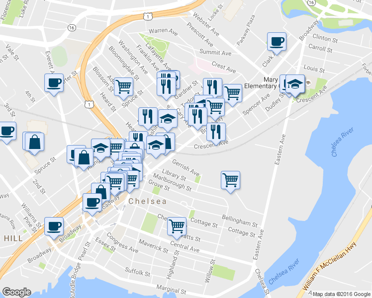 map of restaurants, bars, coffee shops, grocery stores, and more near 24 Gerrish Avenue in Chelsea