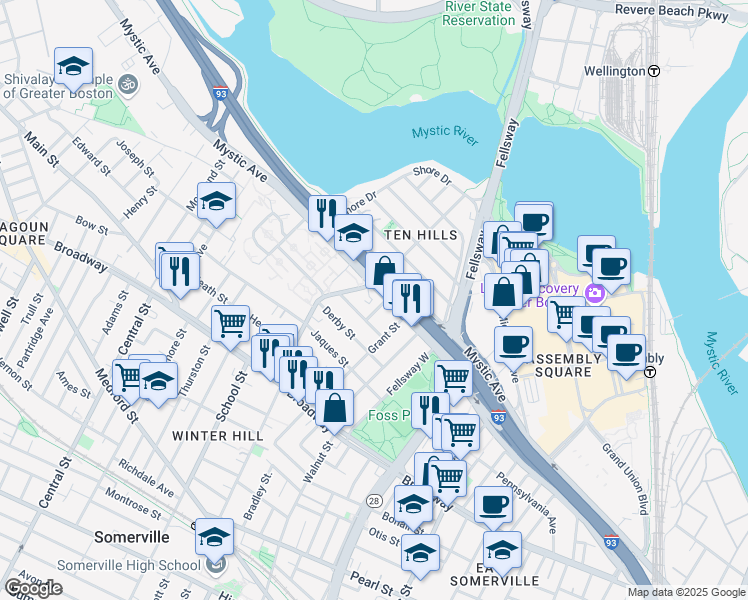 map of restaurants, bars, coffee shops, grocery stores, and more near 43 Sydney Street in Somerville