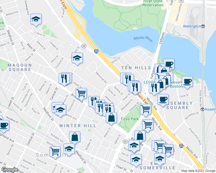 map of restaurants, bars, coffee shops, grocery stores, and more near 64 Derby Street in Somerville