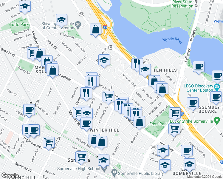 map of restaurants, bars, coffee shops, grocery stores, and more near 11 Fenwick Street in Somerville