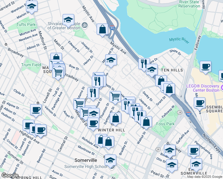 map of restaurants, bars, coffee shops, grocery stores, and more near 11 Fenwick Street in Somerville