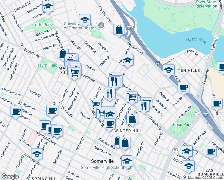 map of restaurants, bars, coffee shops, grocery stores, and more near 201 Central Street in Somerville