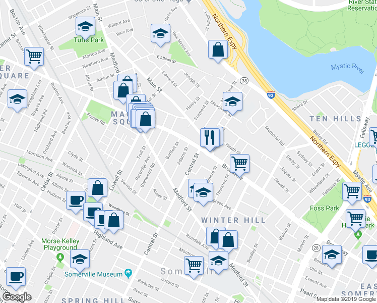 map of restaurants, bars, coffee shops, grocery stores, and more near 43 Adams Street in Somerville