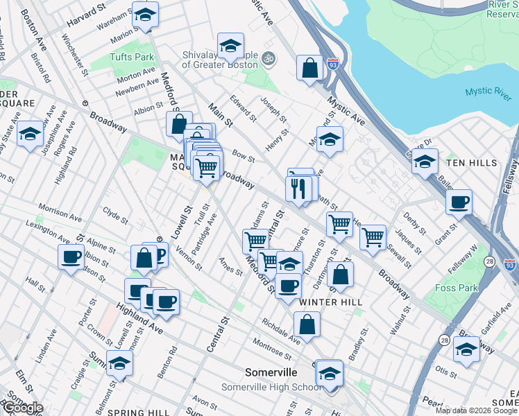 map of restaurants, bars, coffee shops, grocery stores, and more near 43 Adams Street in Somerville