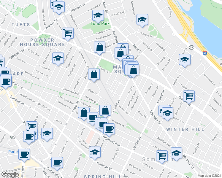 map of restaurants, bars, coffee shops, grocery stores, and more near 30 Nashua Street in Somerville