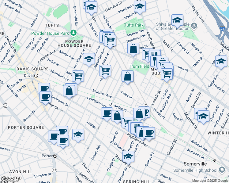 map of restaurants, bars, coffee shops, grocery stores, and more near 181 Cedar Street in Somerville