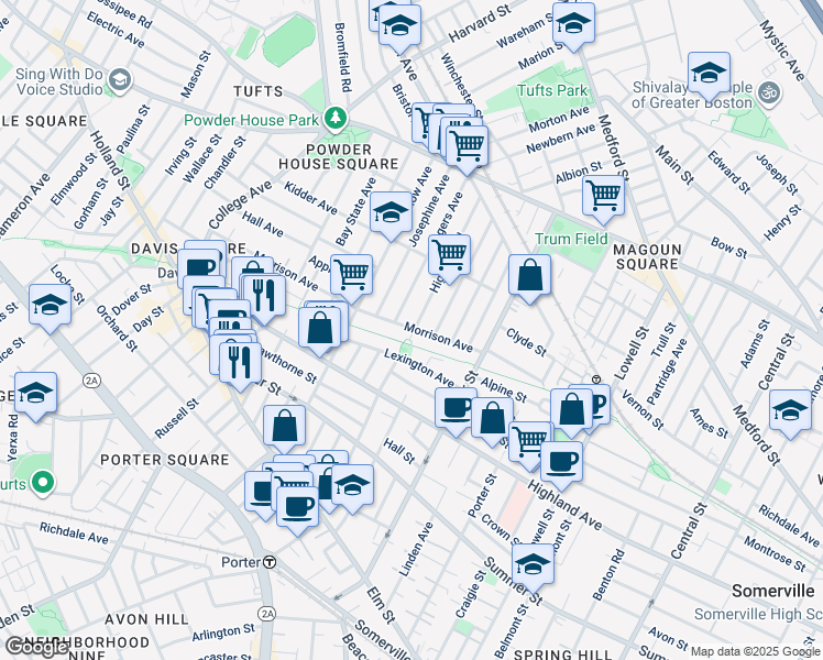map of restaurants, bars, coffee shops, grocery stores, and more near 47 Lexington Avenue in Somerville