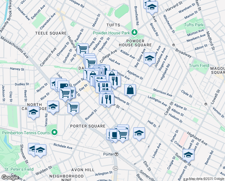 map of restaurants, bars, coffee shops, grocery stores, and more near 378 Highland Avenue in Somerville