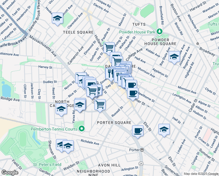 map of restaurants, bars, coffee shops, grocery stores, and more near 123 Orchard Street in Somerville