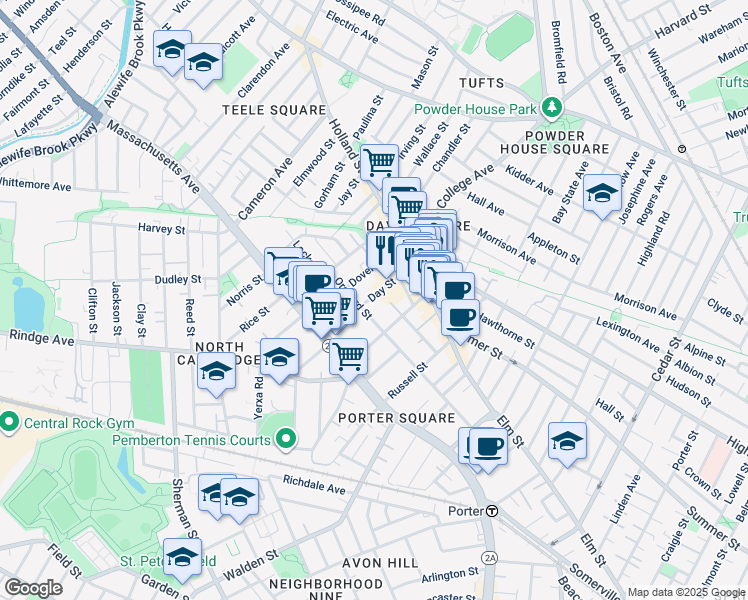 map of restaurants, bars, coffee shops, grocery stores, and more near 123 Orchard Street in Somerville