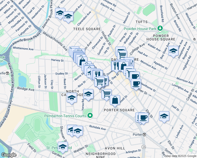map of restaurants, bars, coffee shops, grocery stores, and more near 2265 Massachusetts Avenue in Cambridge