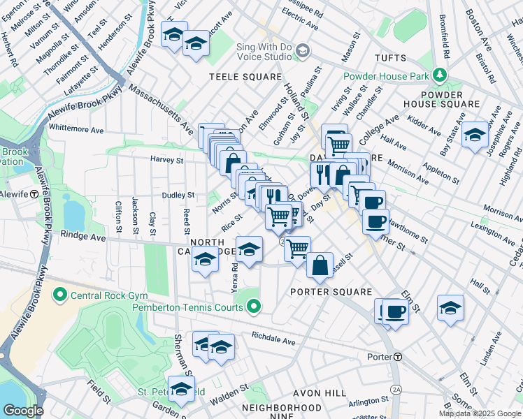 map of restaurants, bars, coffee shops, grocery stores, and more near 2265 Massachusetts Avenue in Cambridge