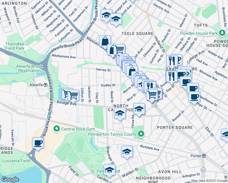 map of restaurants, bars, coffee shops, grocery stores, and more near 53R Cedar Street in Cambridge
