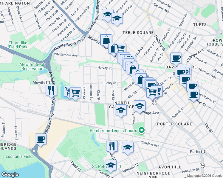 map of restaurants, bars, coffee shops, grocery stores, and more near 37 Montgomery Street in Cambridge