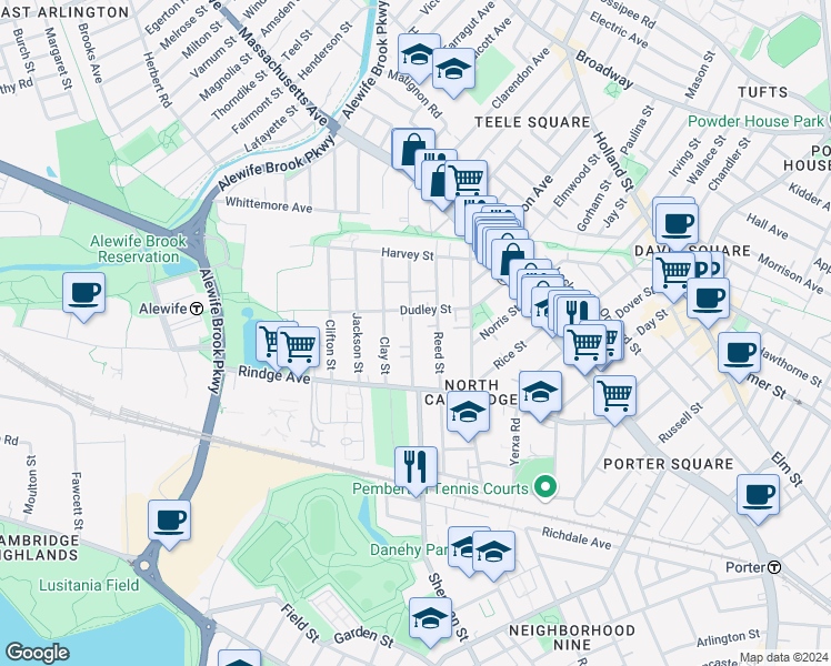 map of restaurants, bars, coffee shops, grocery stores, and more near 37 Montgomery Street in Cambridge
