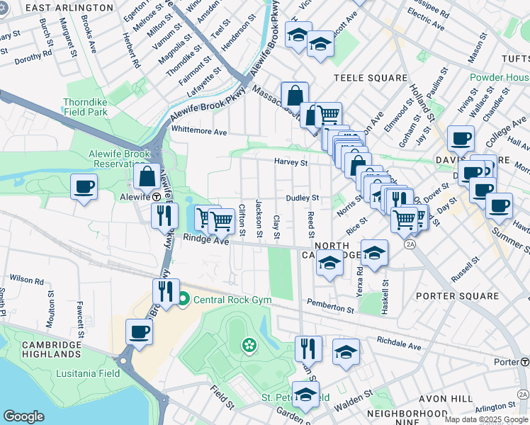 map of restaurants, bars, coffee shops, grocery stores, and more near 34 Clay Street in Cambridge
