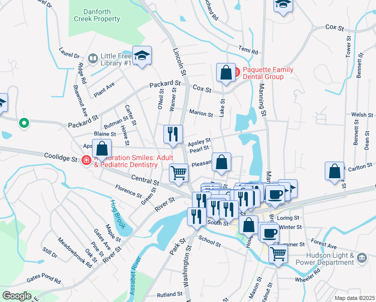 map of restaurants, bars, coffee shops, grocery stores, and more near 25 Lincoln Street in Hudson