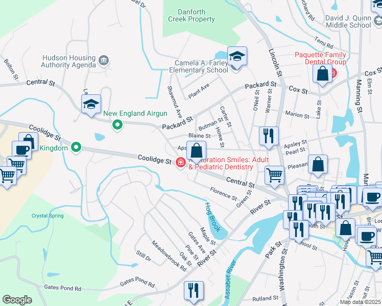 map of restaurants, bars, coffee shops, grocery stores, and more near 87 Central Street in Hudson