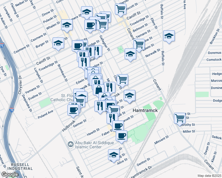 map of restaurants, bars, coffee shops, grocery stores, and more near 9326 Mitchell Street in Hamtramck