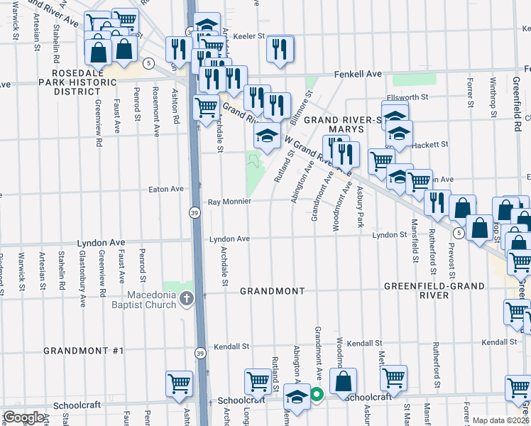 map of restaurants, bars, coffee shops, grocery stores, and more near 14529 Rutland Street in Detroit