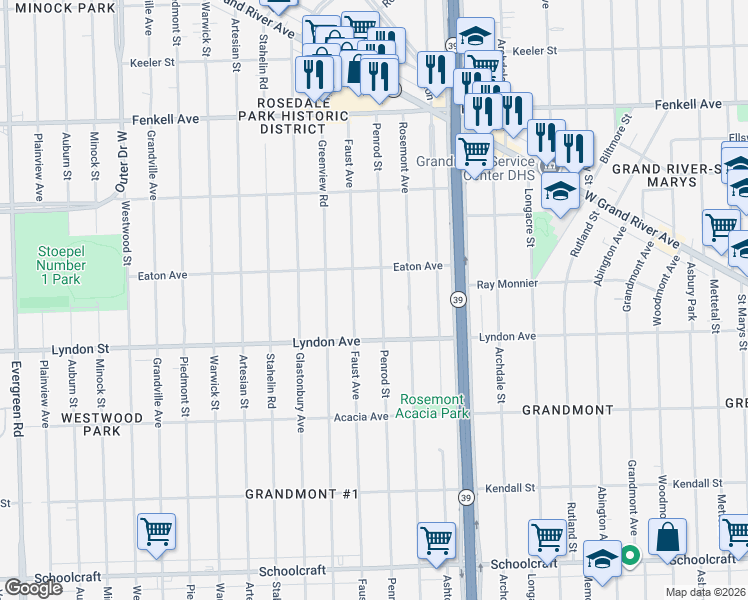 map of restaurants, bars, coffee shops, grocery stores, and more near 14543 Penrod Street in Detroit