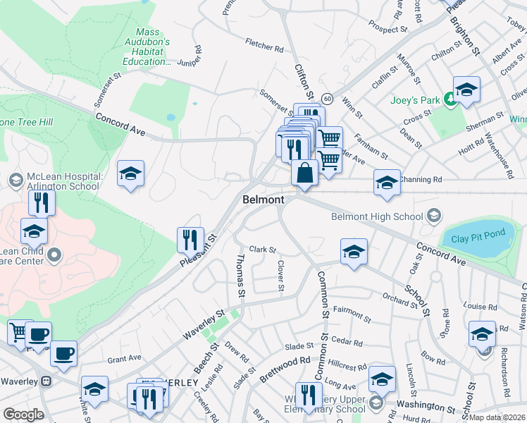 map of restaurants, bars, coffee shops, grocery stores, and more near 25 Dunbarton Road in Belmont
