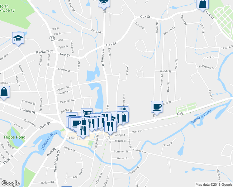 map of restaurants, bars, coffee shops, grocery stores, and more near 53 High Street in Hudson