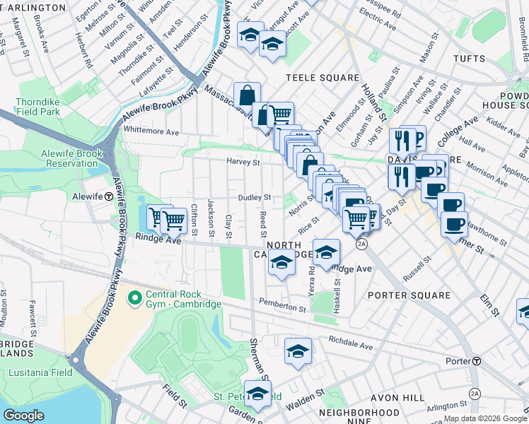 map of restaurants, bars, coffee shops, grocery stores, and more near 53R Cedar Street in Cambridge