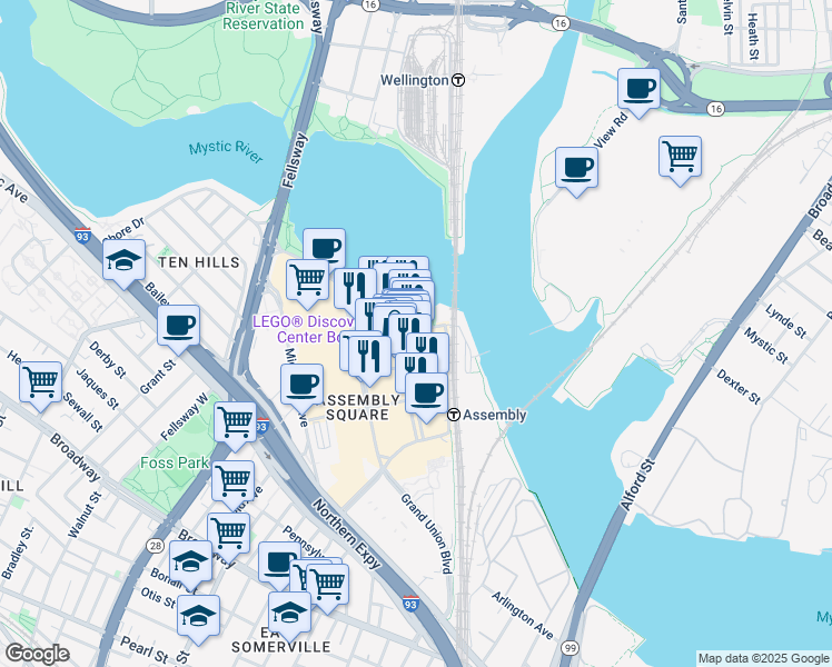 map of restaurants, bars, coffee shops, grocery stores, and more near 445 Artisan Way in Somerville