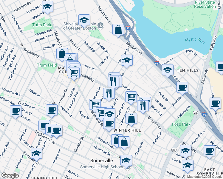 map of restaurants, bars, coffee shops, grocery stores, and more near 201 Central Street in Somerville