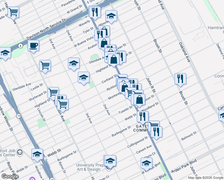map of restaurants, bars, coffee shops, grocery stores, and more near 68 Monterey Street in Highland Park