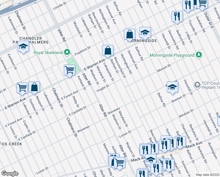 map of restaurants, bars, coffee shops, grocery stores, and more near 4462 Maryland Street in Detroit