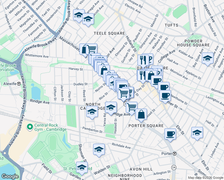 map of restaurants, bars, coffee shops, grocery stores, and more near 24 Rice Street in Cambridge