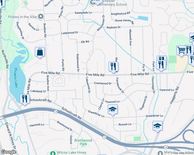 map of restaurants, bars, coffee shops, grocery stores, and more near 41415 Five Mile Road in Plymouth