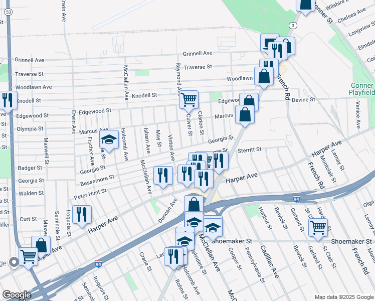 map of restaurants, bars, coffee shops, grocery stores, and more near 9586 Bessemore Street in Detroit