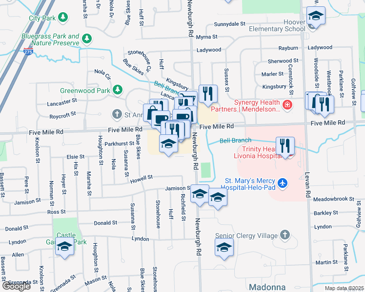 map of restaurants, bars, coffee shops, grocery stores, and more near 37569 Five Mile Road in Livonia
