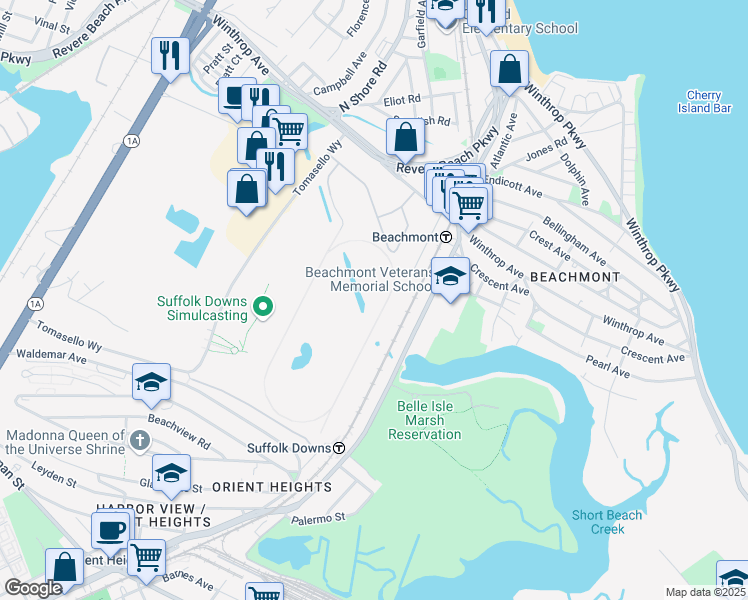 map of restaurants, bars, coffee shops, grocery stores, and more near 145 Bennington Street in Revere