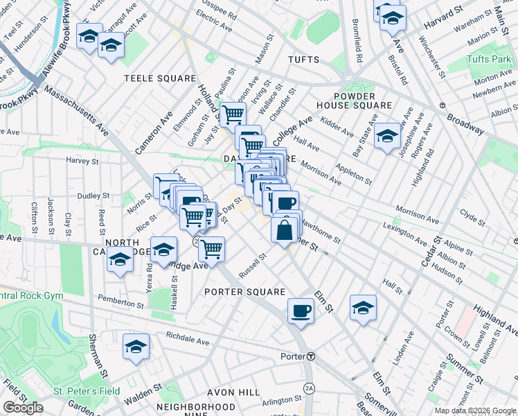 map of restaurants, bars, coffee shops, grocery stores, and more near 55 Chester Street in Somerville