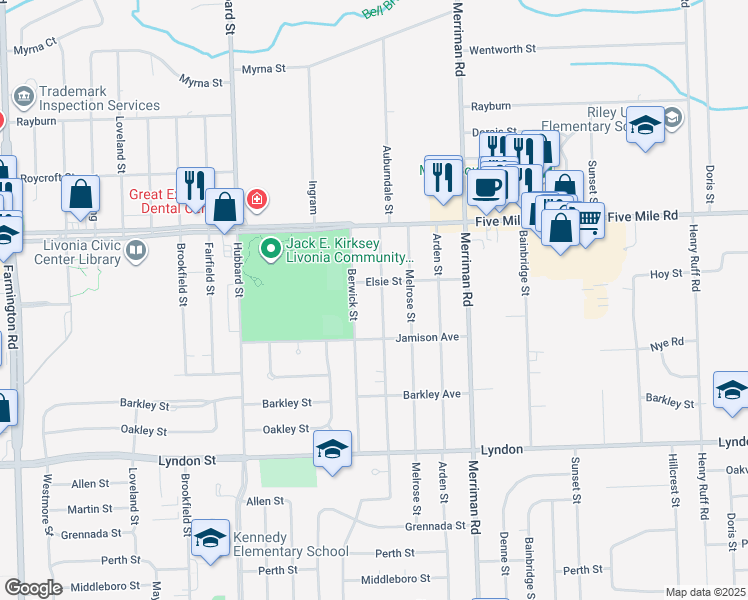 map of restaurants, bars, coffee shops, grocery stores, and more near 14957 Auburndale Street in Livonia