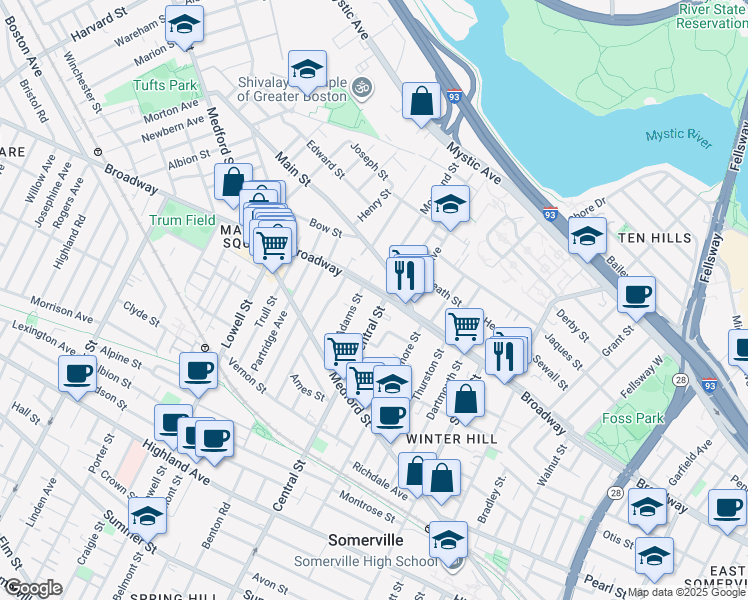 map of restaurants, bars, coffee shops, grocery stores, and more near 404 Broadway in Somerville