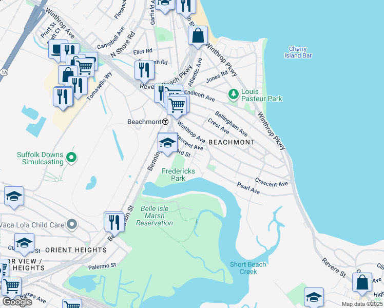 map of restaurants, bars, coffee shops, grocery stores, and more near 37 Belle Isle Avenue in Revere
