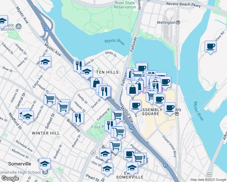 map of restaurants, bars, coffee shops, grocery stores, and more near in Somerville