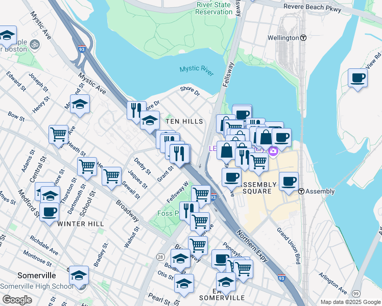 map of restaurants, bars, coffee shops, grocery stores, and more near in Somerville