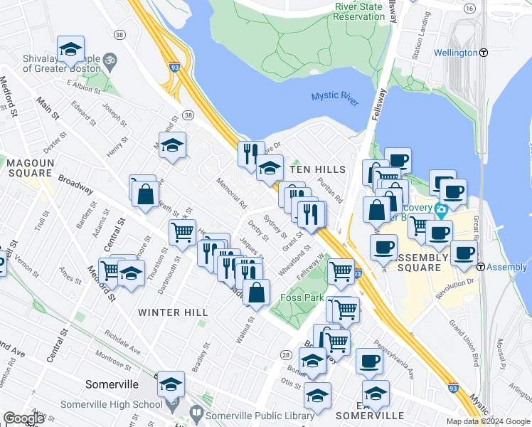 map of restaurants, bars, coffee shops, grocery stores, and more near 43 Sydney Street in Somerville