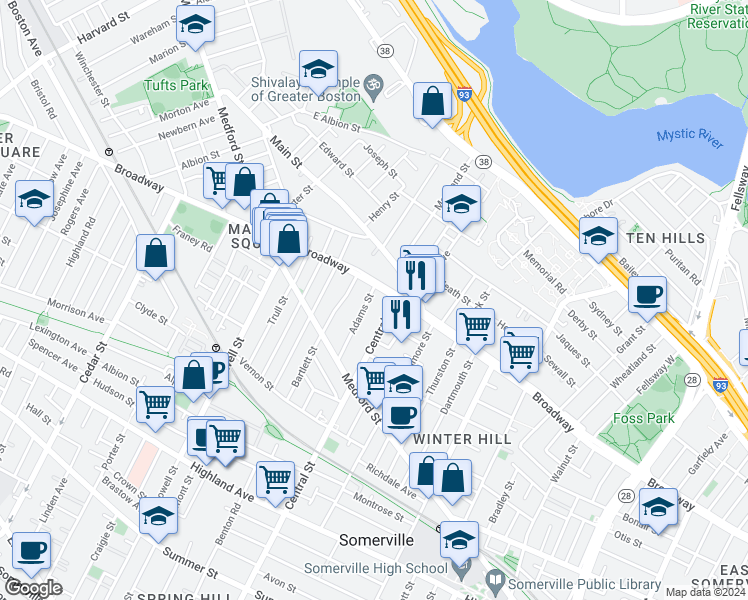 map of restaurants, bars, coffee shops, grocery stores, and more near 43 Adams Street in Somerville