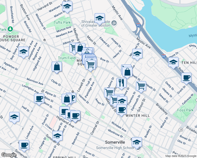 map of restaurants, bars, coffee shops, grocery stores, and more near 81 Bartlett Street in Somerville