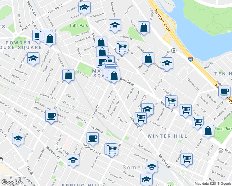 map of restaurants, bars, coffee shops, grocery stores, and more near 47 Partridge Avenue in Somerville