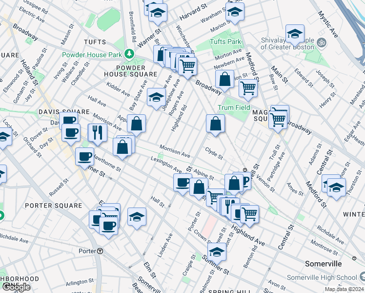 map of restaurants, bars, coffee shops, grocery stores, and more near in Somerville