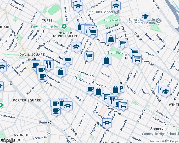 map of restaurants, bars, coffee shops, grocery stores, and more near in Somerville